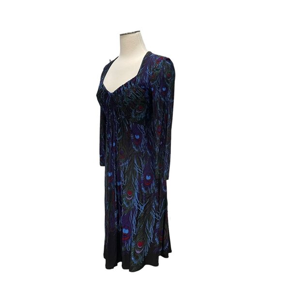 Muse Womens Peacock Feather Print Dress Deep V-Neck Sz 6 Boho Chic Evening Wear - Picture 9 of 11